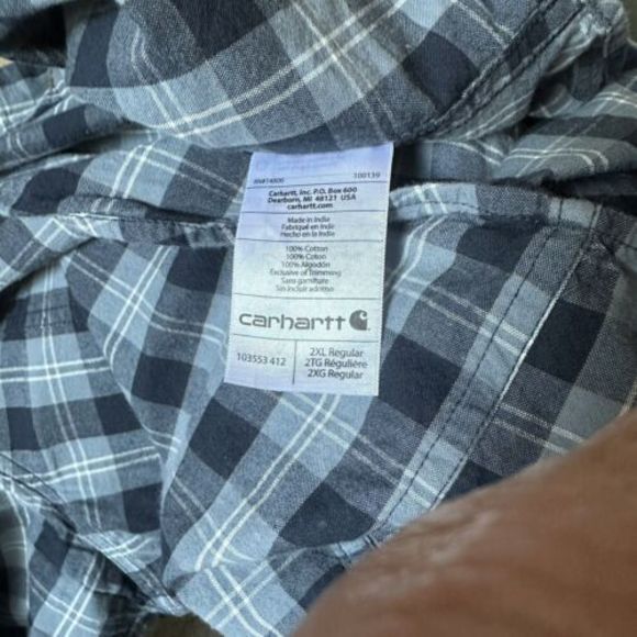 Mens 2XL Blue White‎ Plaid Carhartt Button Down Short Sleeve Dress Shirt - Picture 4 of 5